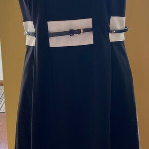 Classic Black and White Calvin Klein Dress With Patent leather Belt. Size 8